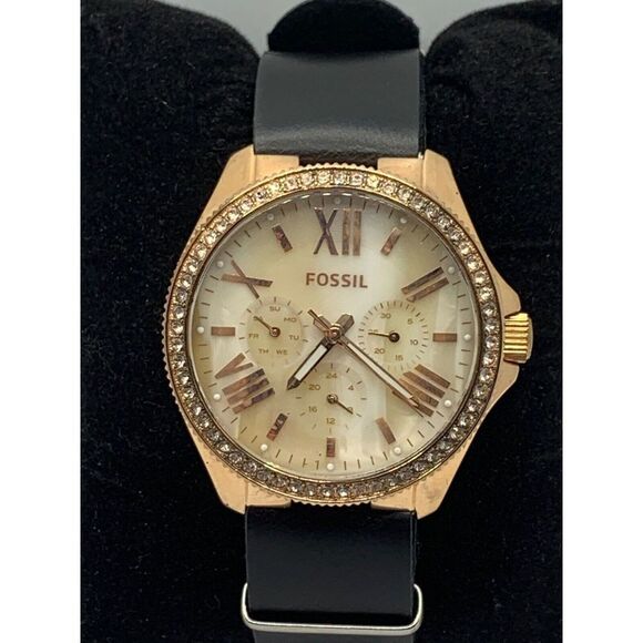 Fossil AM4616 Women\'s Black Leather Analog Beige Horne Dial Quartz Watch JD261
